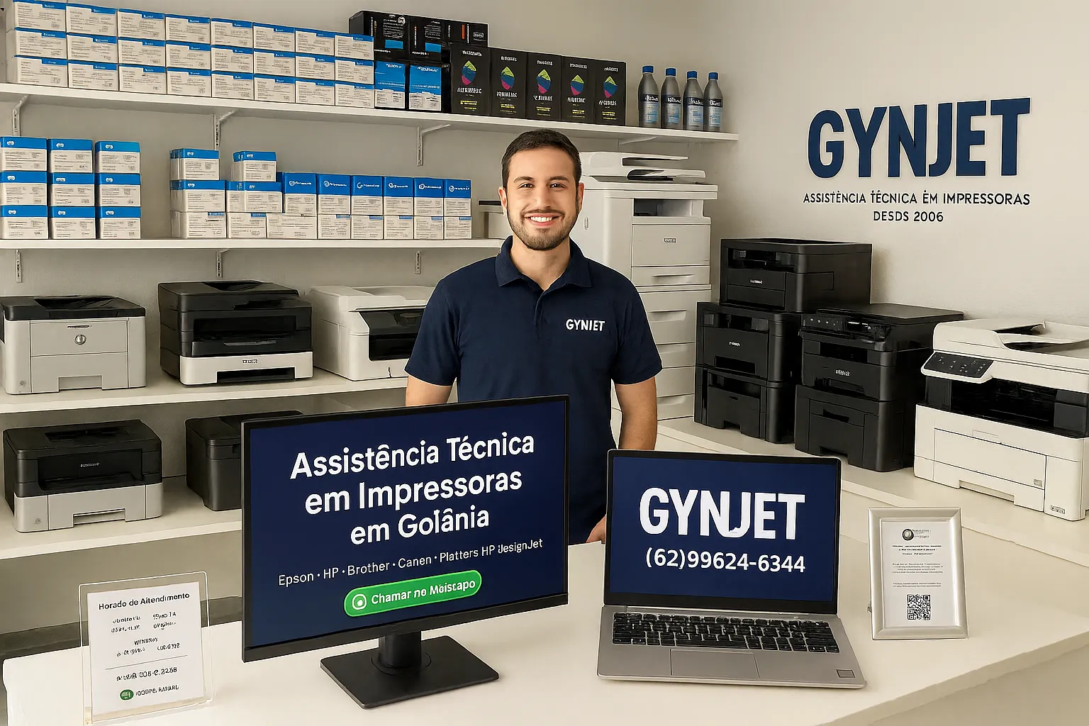 Técnico da Gynjet na oficina com impressoras